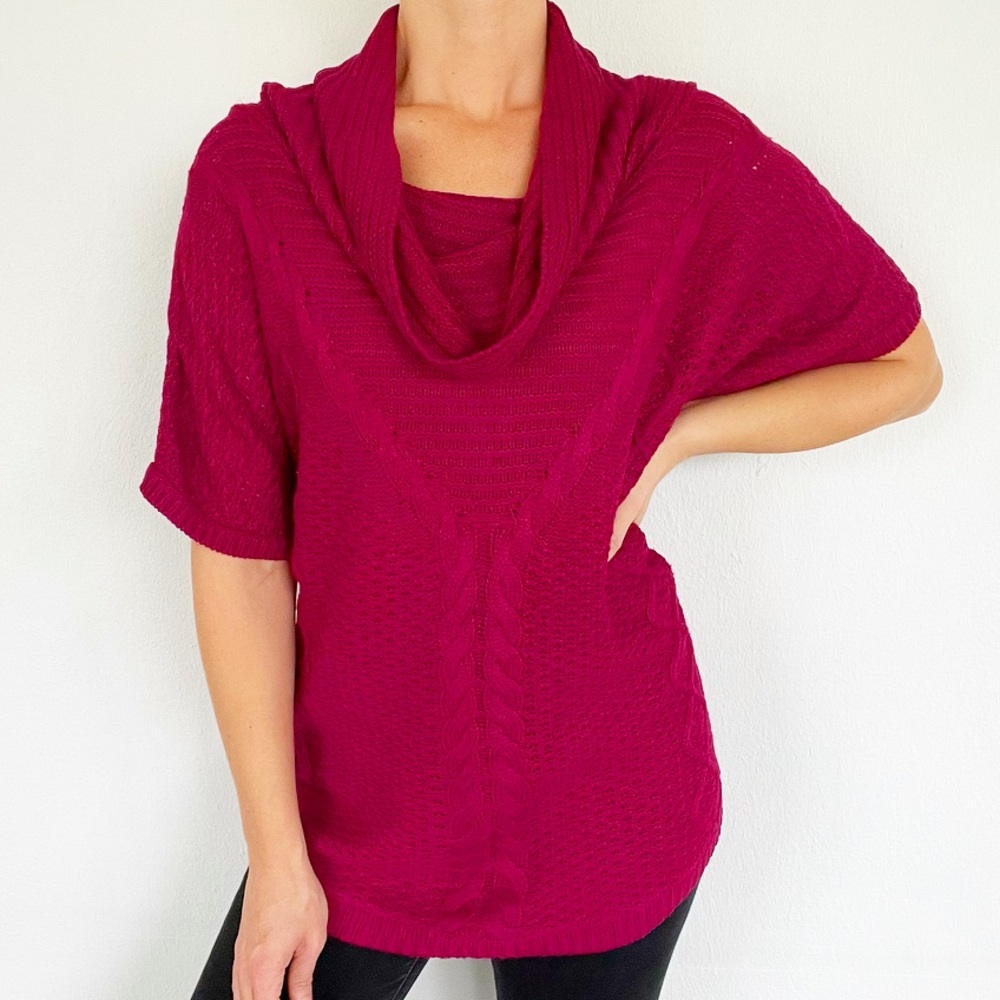 New York & Company pink cable knit cowl neck short sleeve sweater size XL